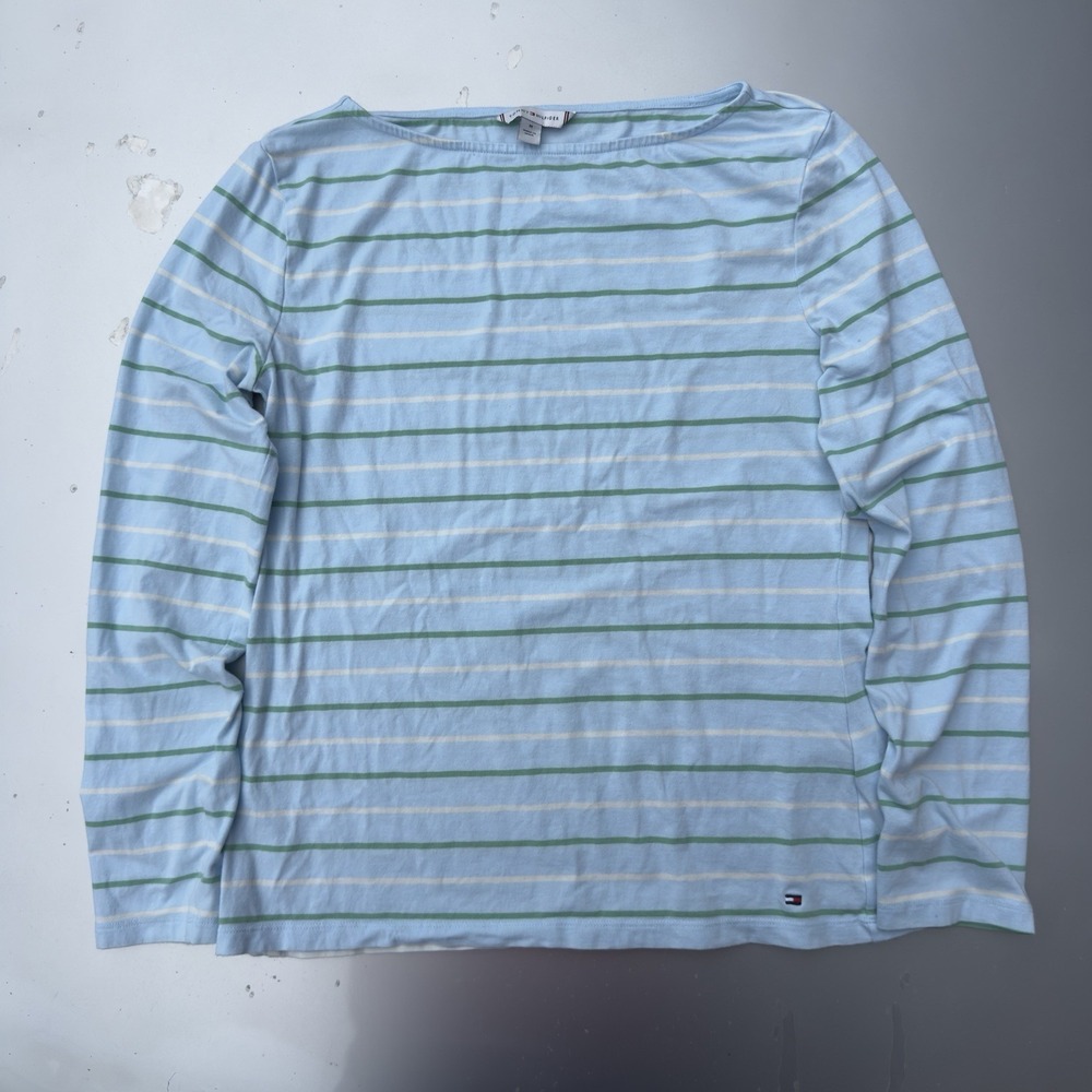 tommy hilfiger women light blue long-sleeve striped boatneck top Medium